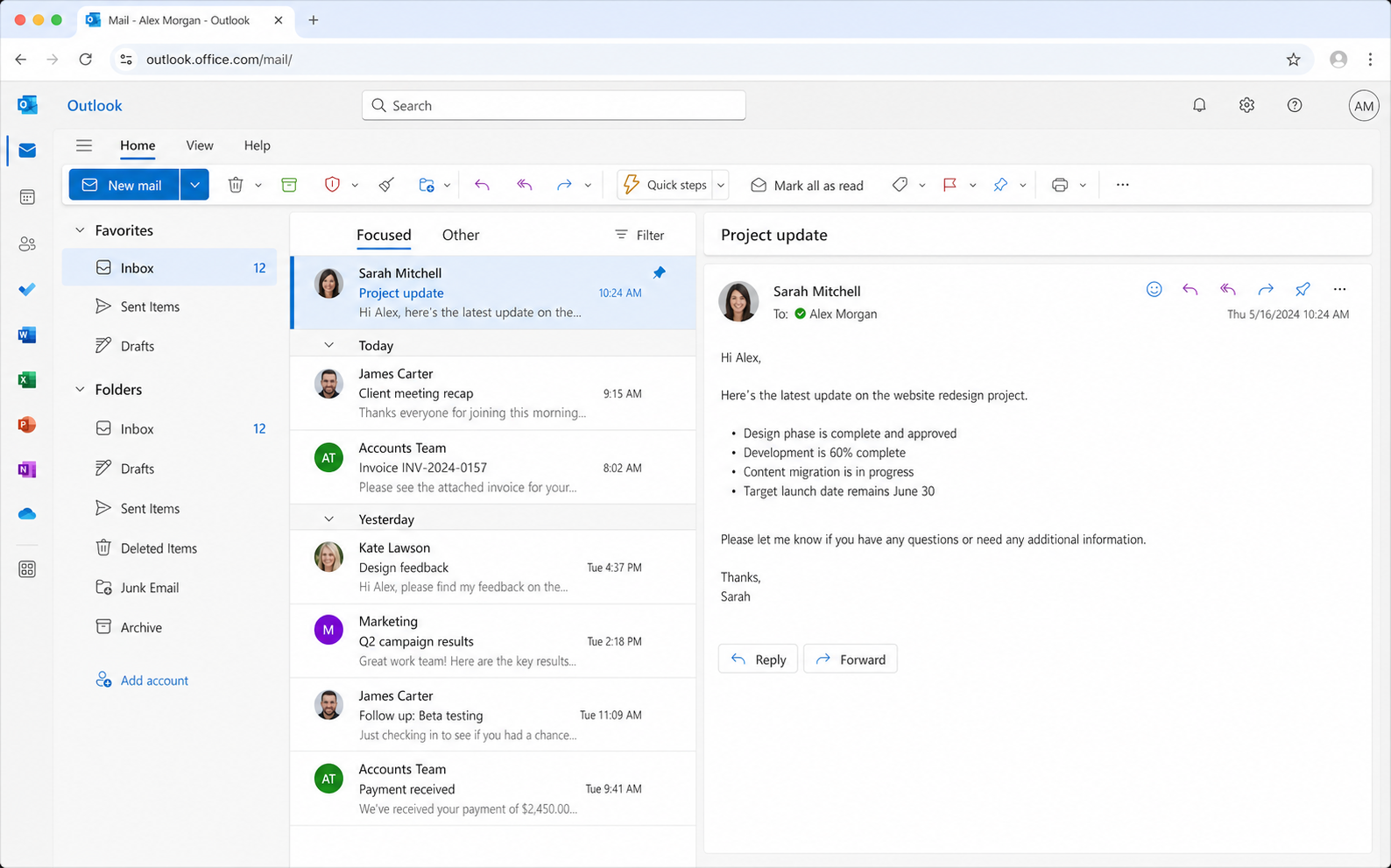 Representative Outlook on the web inbox showing the app rail, folders, message list and reading pane with fictional business email content